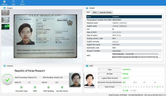 Profundidad de color de 24 bits Lector automático de tarjetas de identificación de pasaportes para escaneo inteligente en quioscos OCR